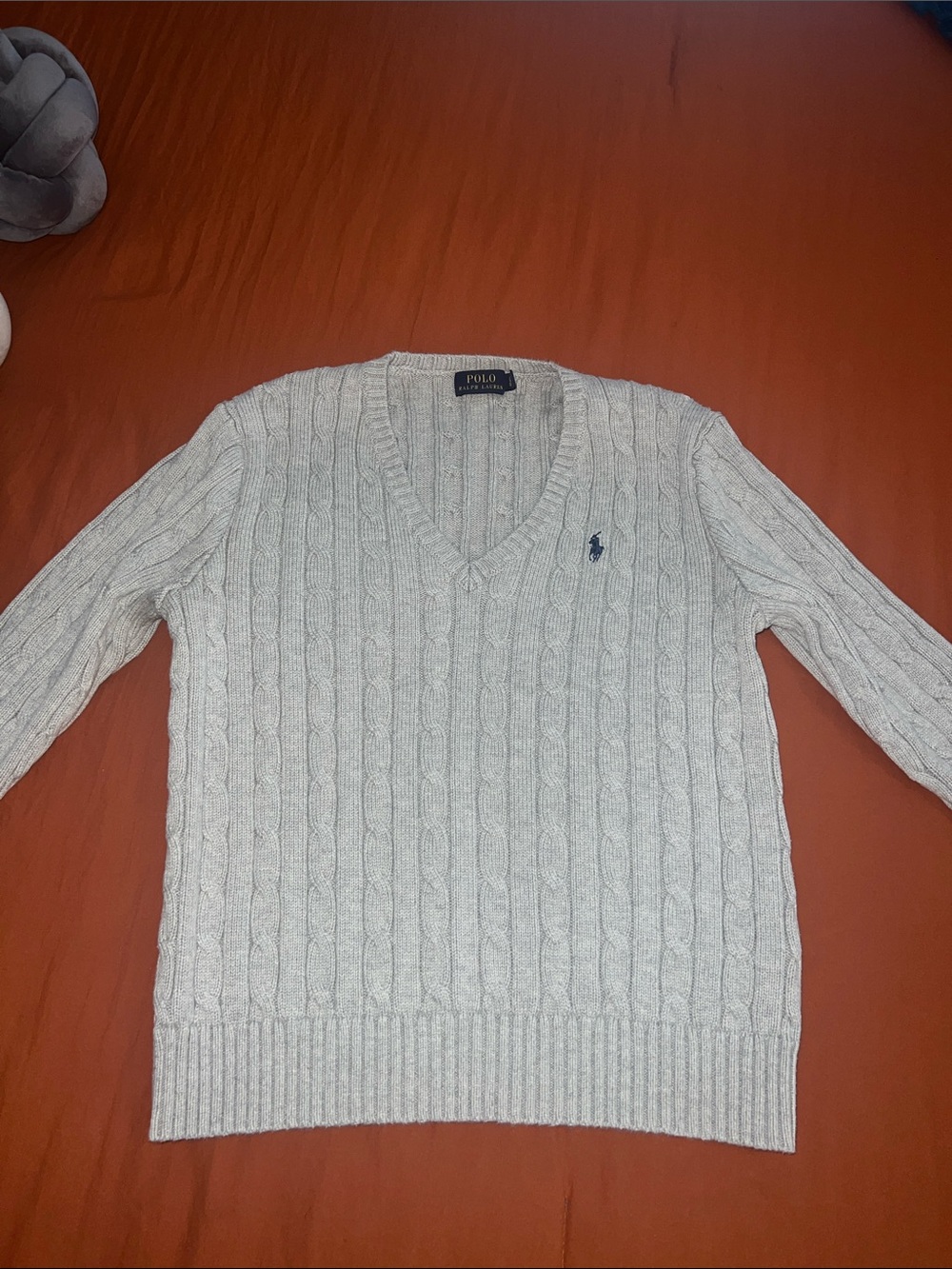 Polo by Ralph Lauren Men’s Light Gray Cable V-Neck Sweater with Navy Pony